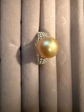 Golden Pearl Cocktail Ring with Pavé Accents